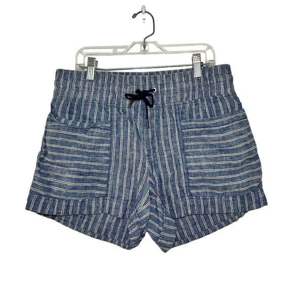 Athleta Cabo Linen Shorts Pull on Blue White Striped Drawstring Lightweight 4 - Picture 1 of 8